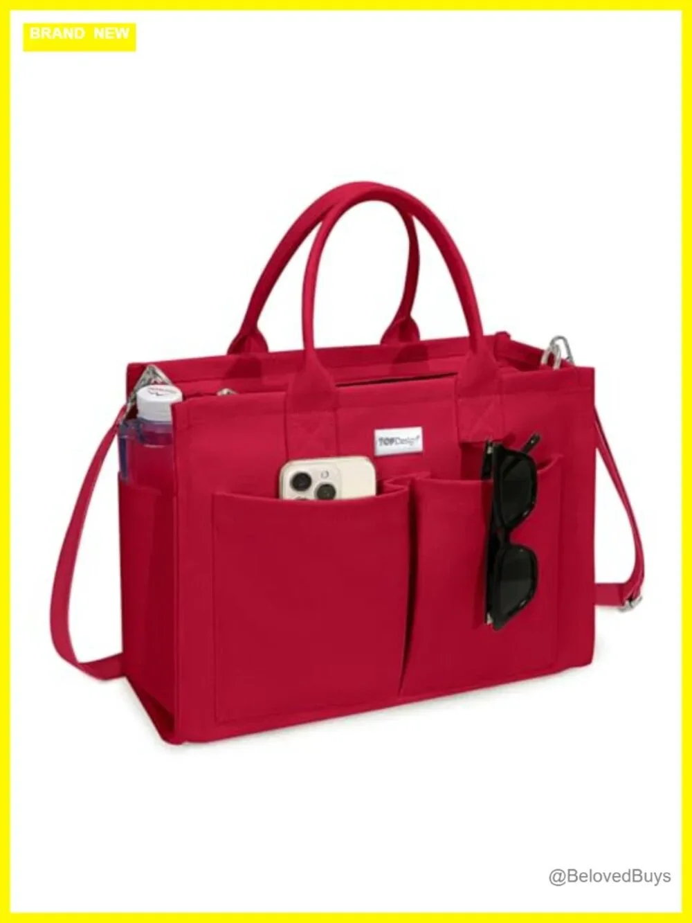 Heavy-Duty Canvas Tote Bag with Adjustable Crossbody Strap, 9 Pockets